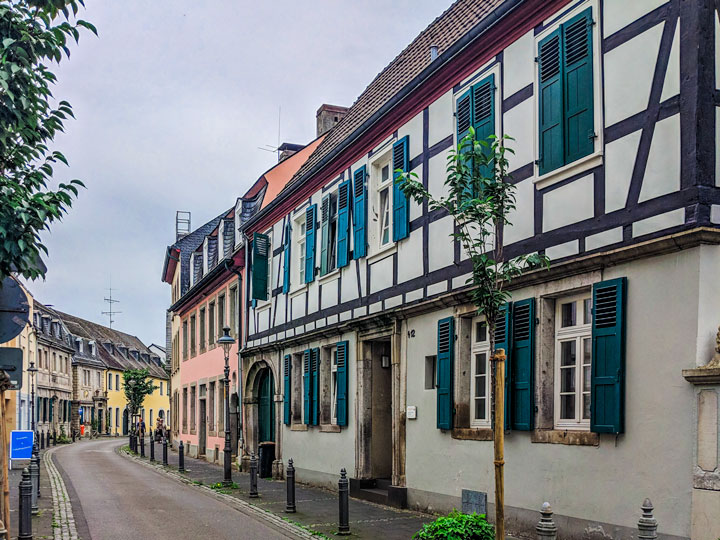 Half timbered buildings on street in Konigswinter village.