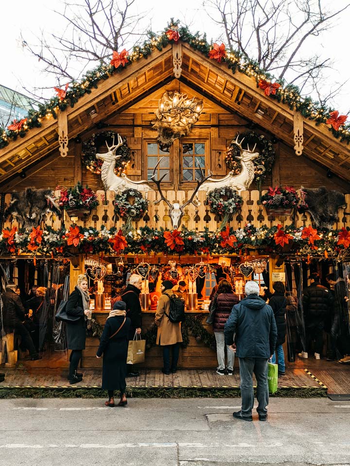 Decorated wood chalet in Munich, the last spot on this Christmas markets in Germany by train.