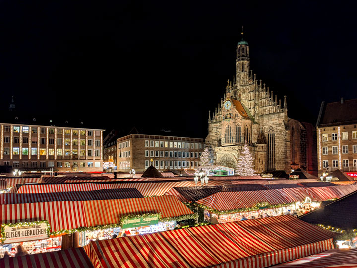 Nuremberg Christmas Market panorama at night.