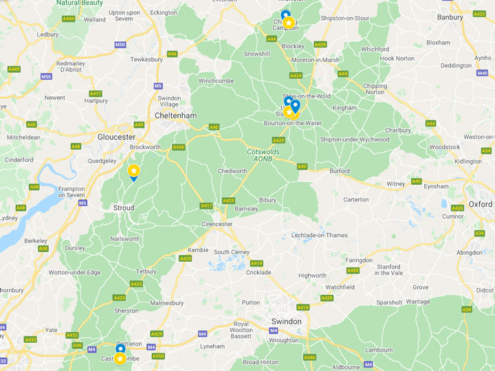 Google Maps snapshot of Cotswolds day trip itinerary map