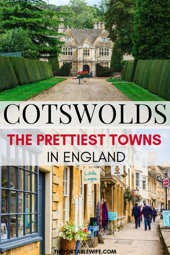 Collage of large mansion and charming shopping street, with text overlay - "Cotswolds: The prettiest towns in England".