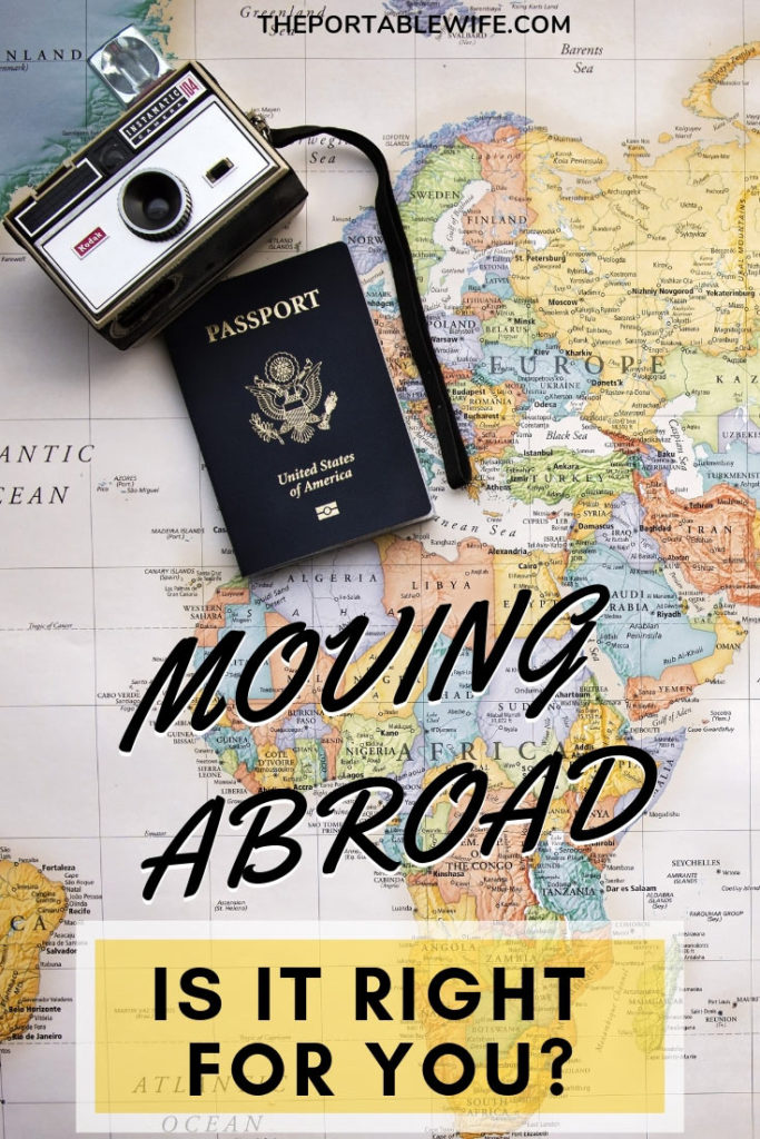 Map, camera, and passport, with text overlay - "Moving Abroad: Is it Right for You?"