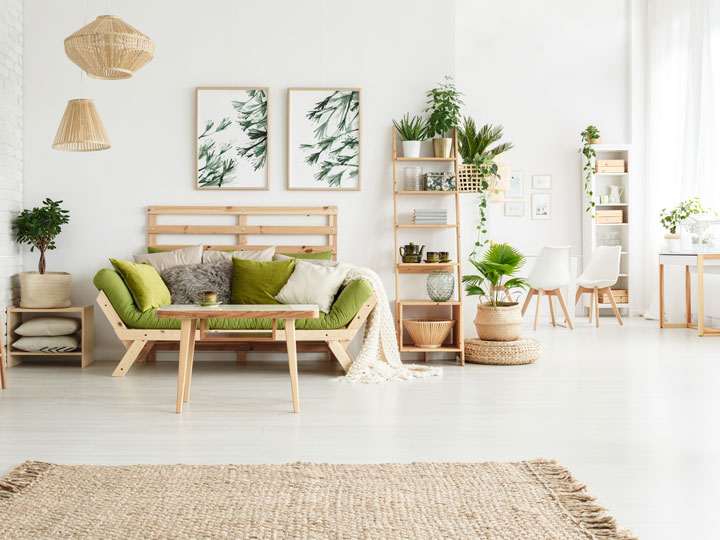 Bright and airy living room space with wooden furniture.