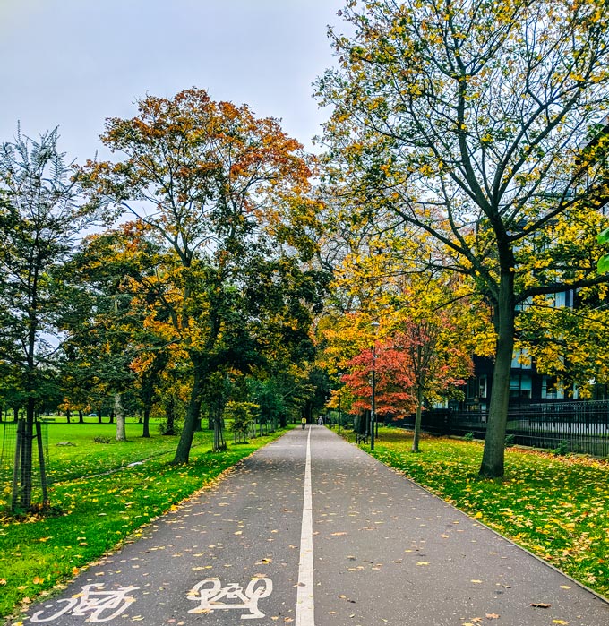 Cycling path through the Meadows viewed in Edinburgh during autumn.