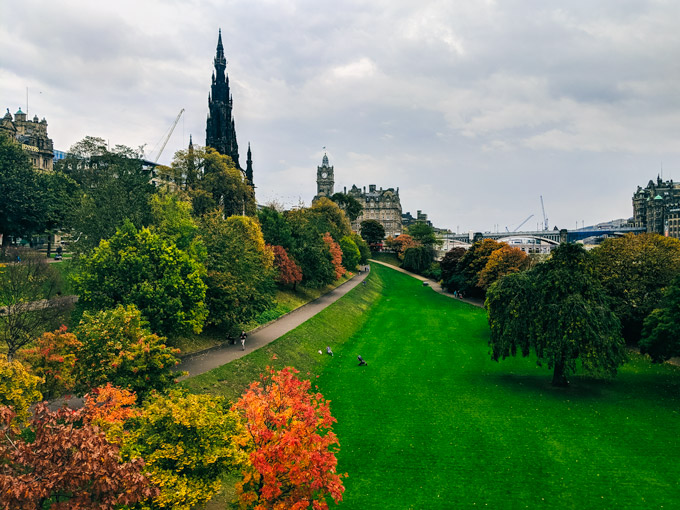 View of Princes Street Gardens Edinburgh in October.