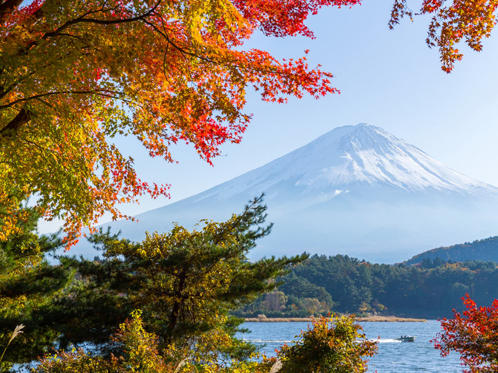 Famous Things in Japan include views of Mount Fuji from Lake Kawaguchiko in autumn.