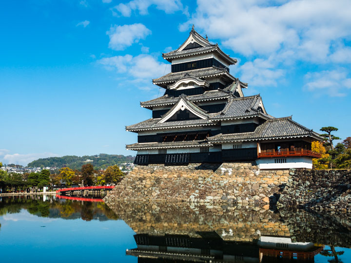 Matsumoto Castle Japan on blue sky day with pond reflection.