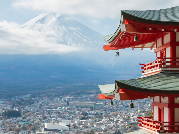 Chureito Pagoda with view of Mount Fuji in the distance.