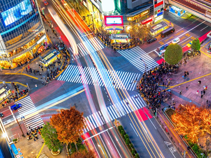 Shibuya Crossing Tokyo during rush hour, one of the most famous places in Japan.