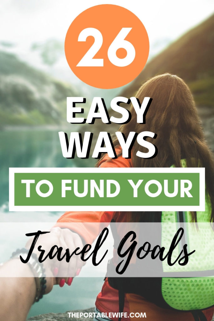 Woman walking towards lake, with text overlay - "26 Easy Ways to Fund Your Travel Goals".