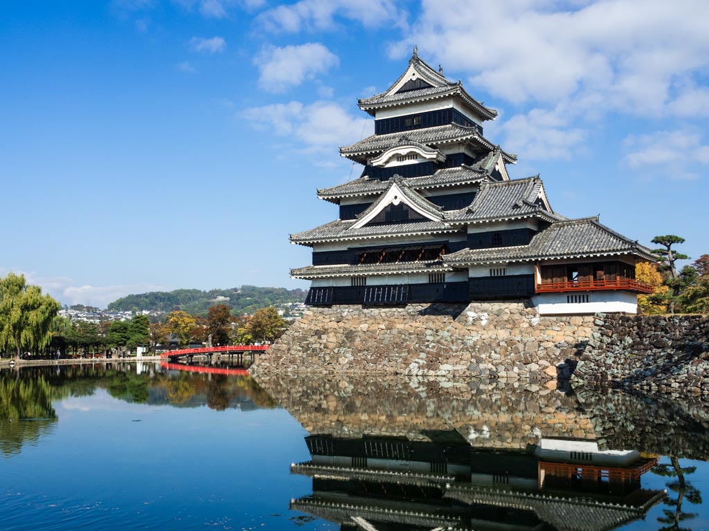 Matsumoto Castle with reflection pond and red bridge against blue sky.