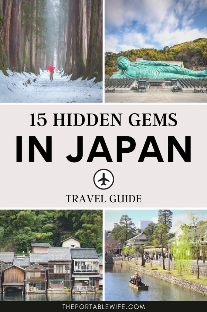 Collage of Japanese landscapes and reclining Buddha, with text overlay - "15 hidden gems in Japan".