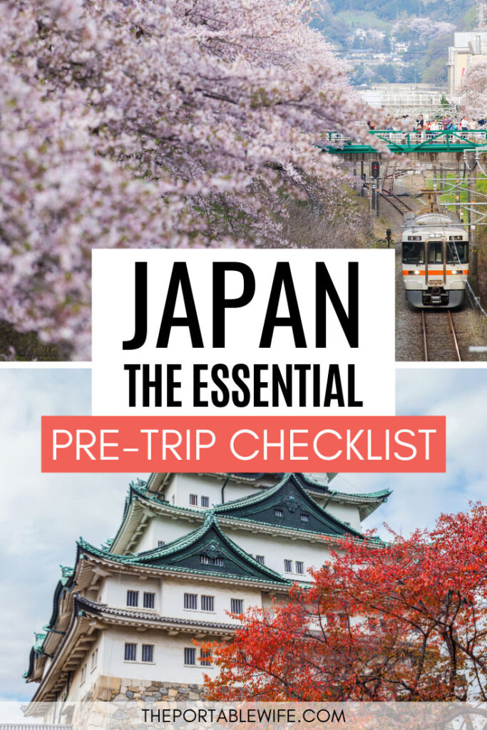 Essential Japan Travel Checklist - train under cherry blossom tree and Nagoya castle with red leaf tree