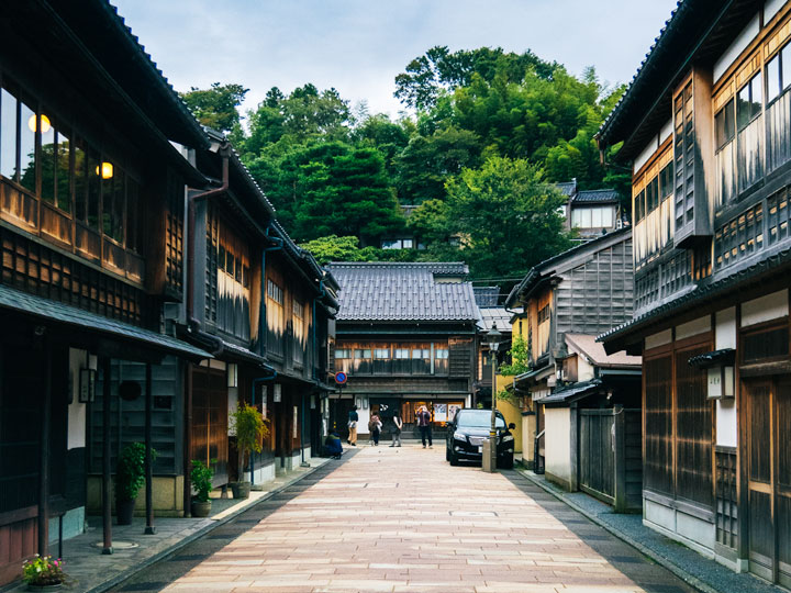 Higashiyama historic street with wood buildings in Kanazawa, Japan.