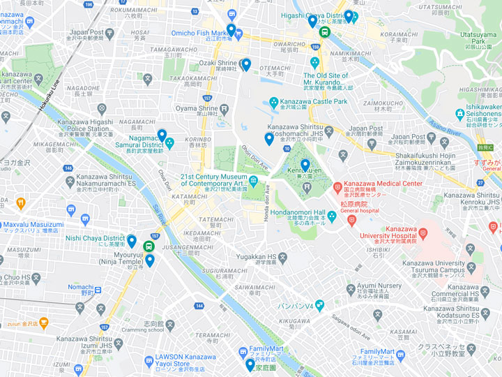 Google Maps snapshot of Kanazawa day trip itinerary map.