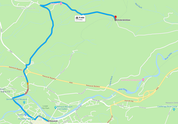 Map of route from Keswick Village to Latrigg car park at Underskiddaw.