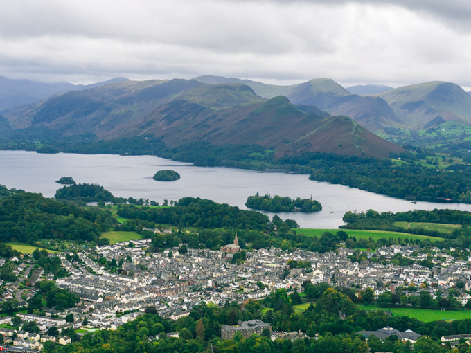 Overlook of Keswick and Derwent Water from Latrigg walk summit.