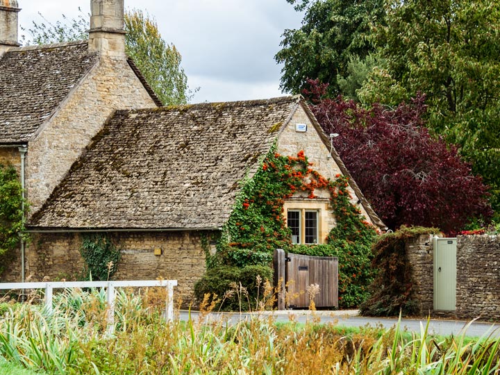 Stone cottage with ivy and roses on facade in England countryside.