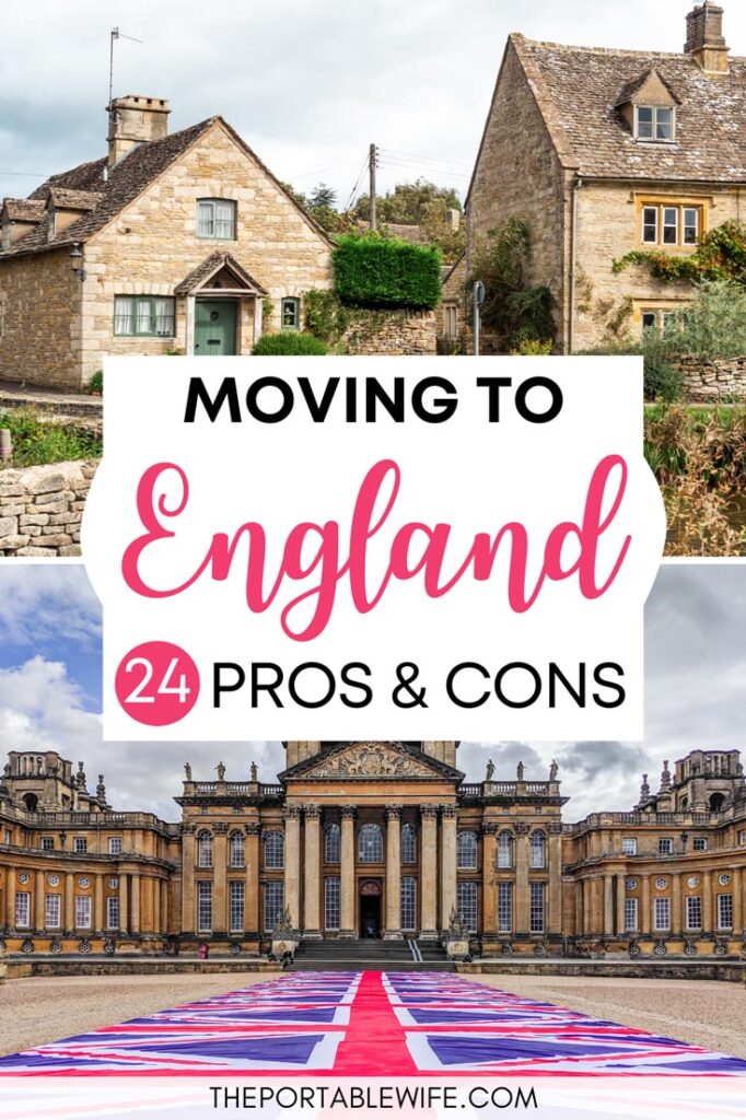 Moving to England Pros and Cons - Cotswolds cottages above Blenheim Palace facade with British flag walkway