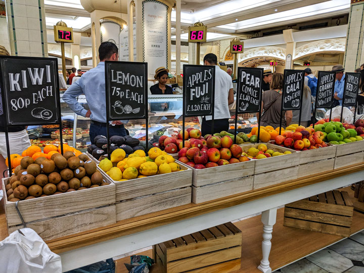 Fruit produce bins found inside London grocery stores.