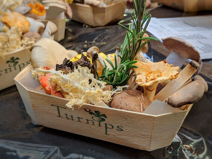 Wooden carton of wild mushrooms and thyme sprig.