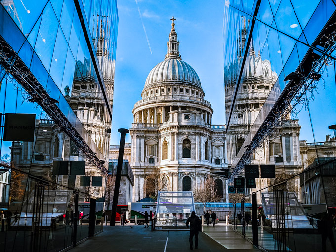 London St. Paul's Cathedral reflected in One New Change glass, a famous Instagram spot in Europe.