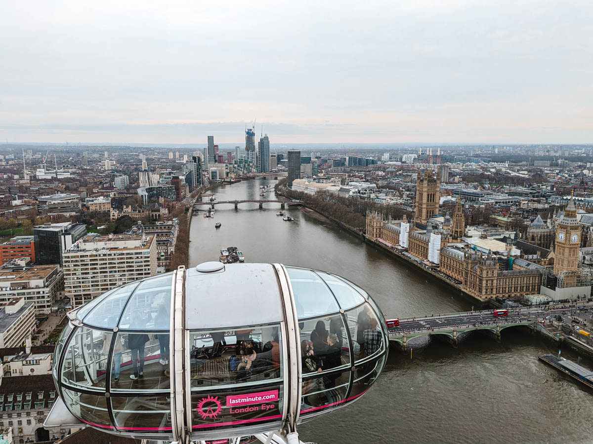 View of City of London and viewing pod from London Eye.