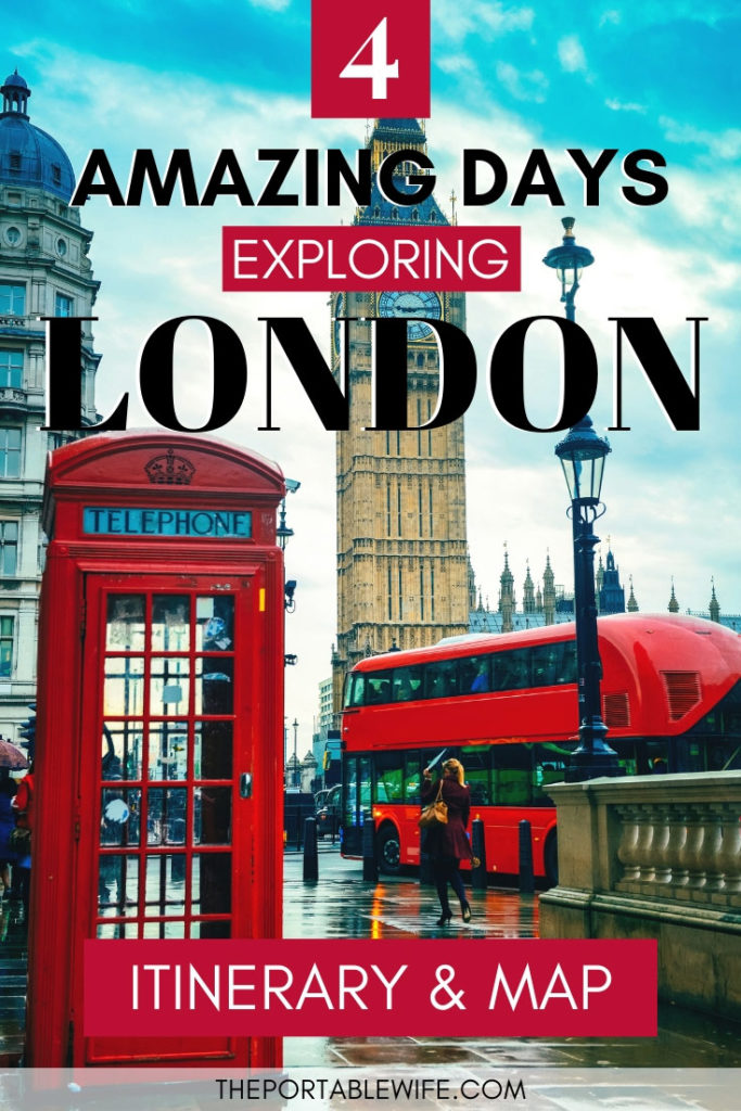 Red phonebooth and bus on street, with text overlay - "Amazing 4 Day London Itinerary".