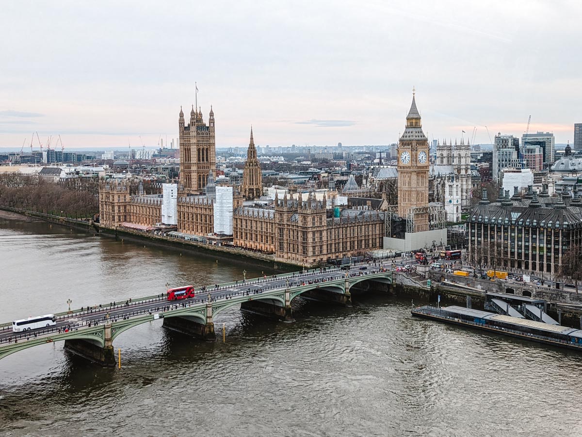 View of Houses of Parliament, Big Ben, and Waterloo Bridge from London Eye.