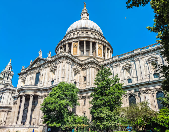 Unique ground level view of St. Paul's Cathedral facade, achieved by following London sightseeing tips.