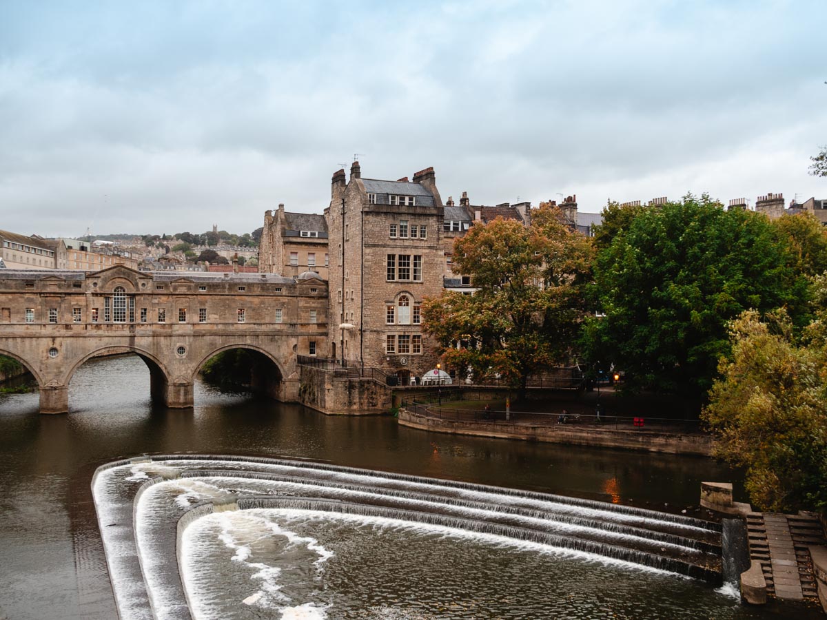 View of Pulteney Bridge and river in Bath UK.