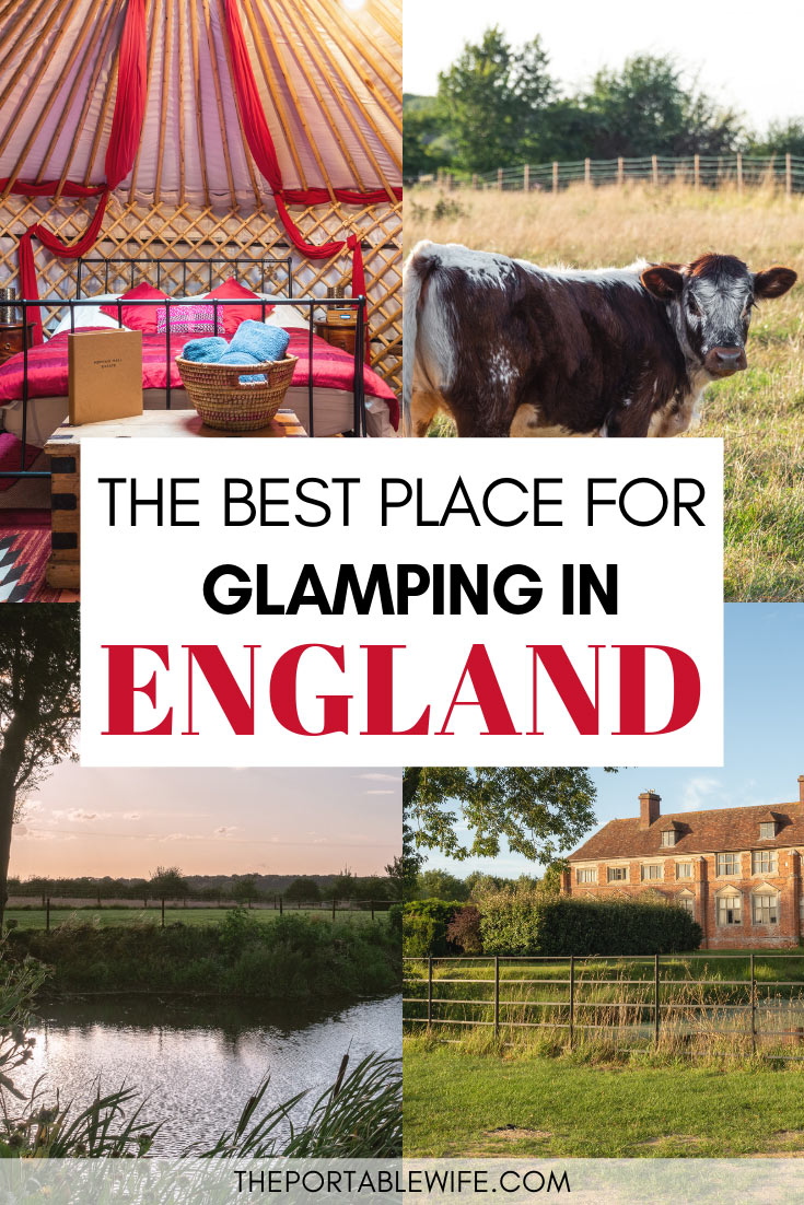 The best place for glamping in England - collage of yurt, cow, sunset, and manor house.