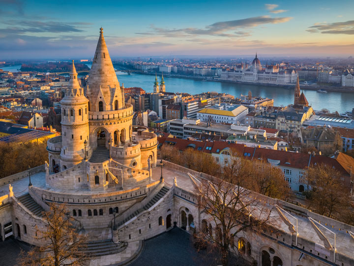 Sunrise view over Budapest river and Fisherman's Bastion tower.