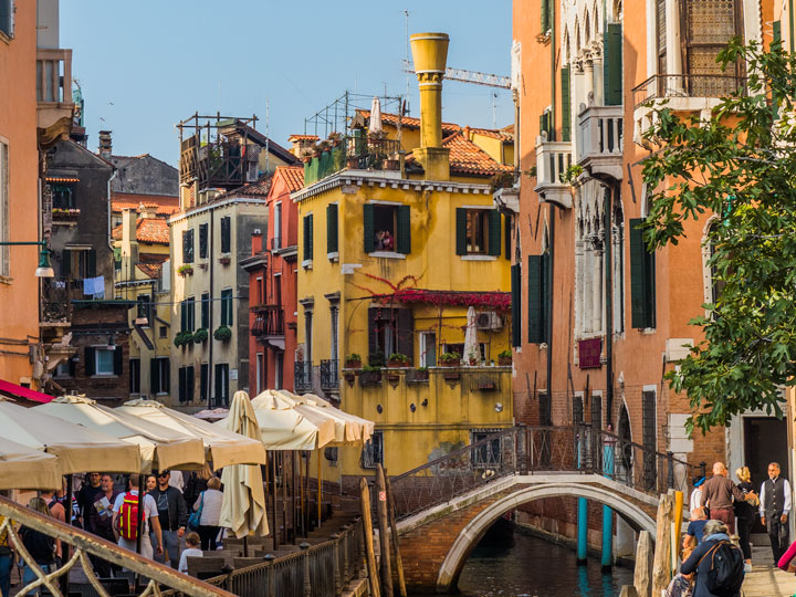 Colorful houses on canal in Venice.