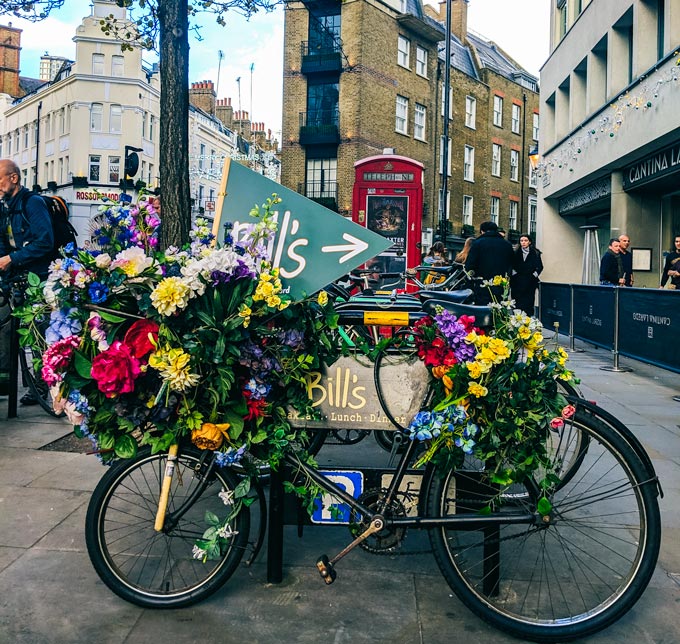 London Covent Garden bicycle covered in flowers.