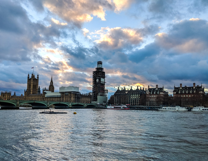 Westminster skyline at sunset.