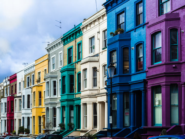 Colorful row homes in Notting Hill London.