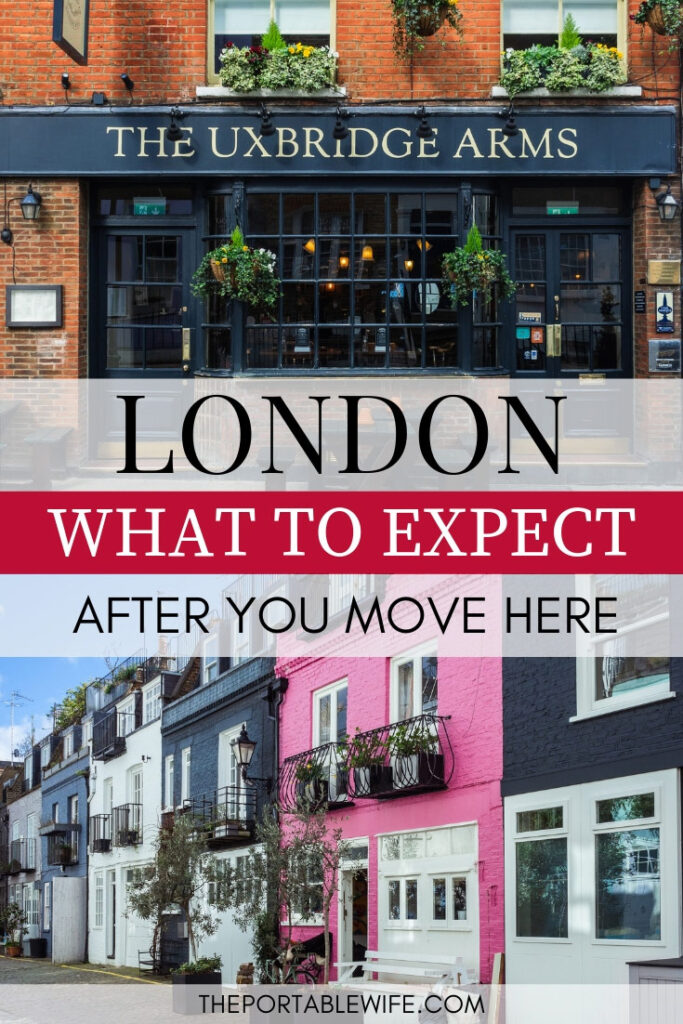 Collage of pub exterior and colorful row homes, with text overlay - "London: what to expect after you move here".