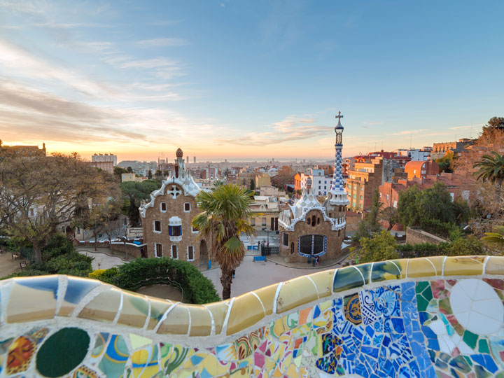 Sunrise view over Barcelona's Parc Guell.