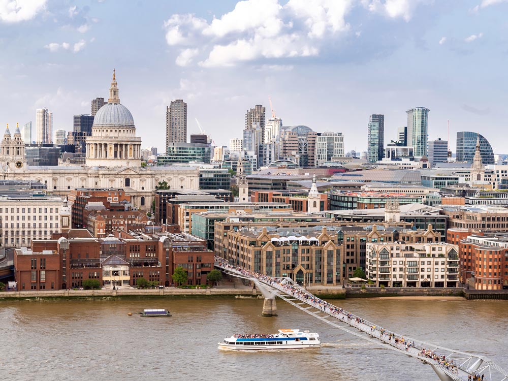 London skyline with river in foreground, one of the must see cities for first time in Europe