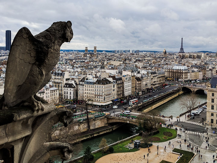 View of Paris from top of Notre Dame, with gargoyle in foreground.