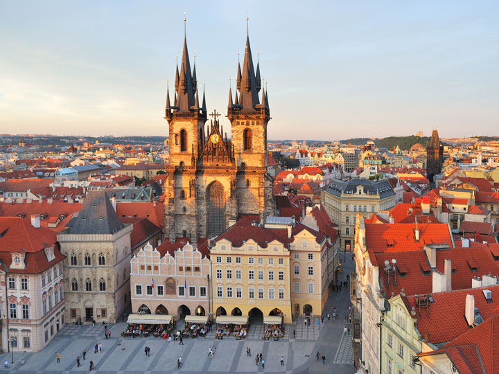 Sunrise over Prague Old Town square.