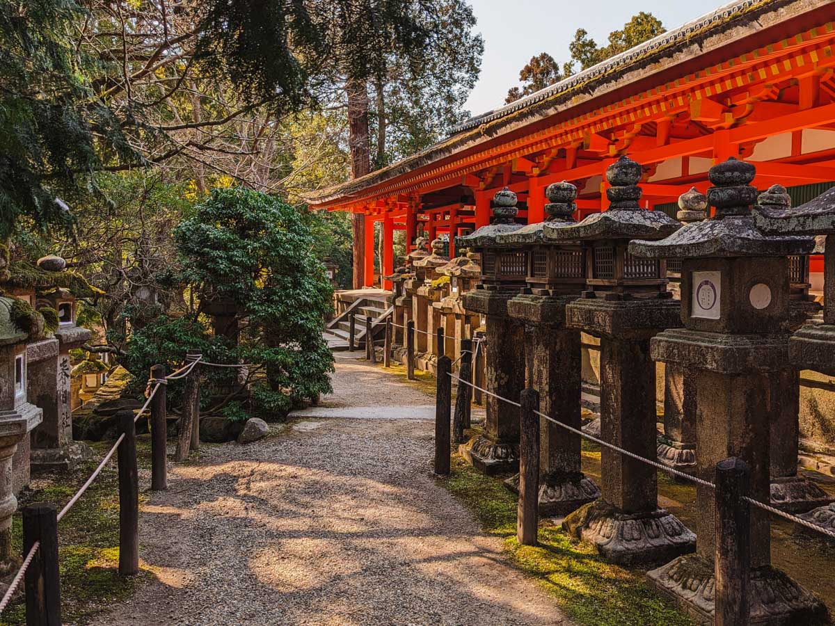 Stone lanterns lining path towards vermillion Kasuga Taisha shrine with trees surrounding.