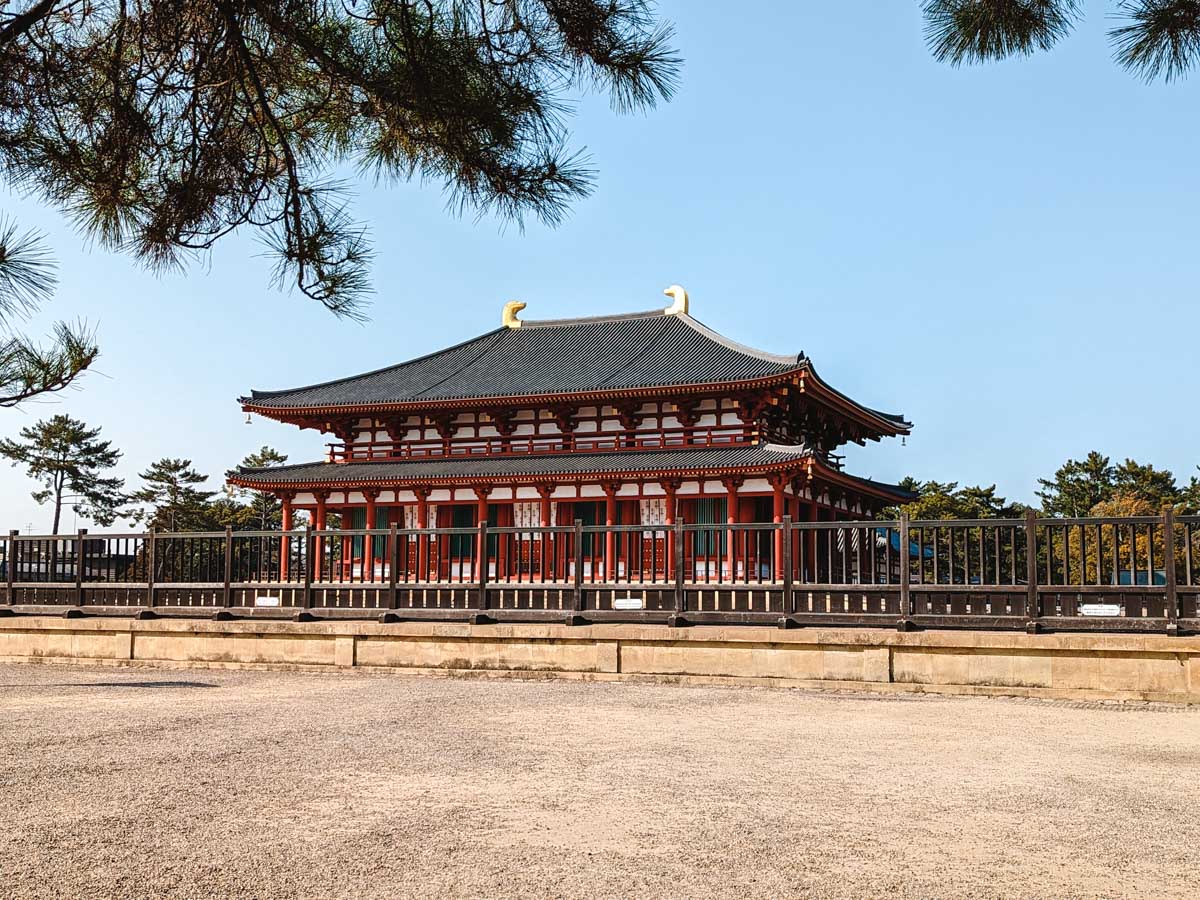 Exterior of main hall of Nara Kofuku-ji temple painted red and white.