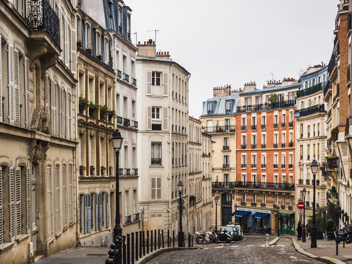 Parisian flats on winding street in Montmartre.