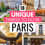 18 unique things to do in Paris - collage of Montmartre, Eiffel Tower, library, and cafe