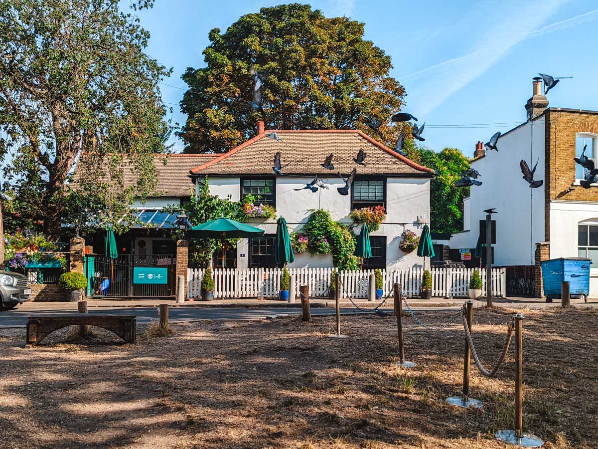 Exterior of old London pub with birds flying in front.