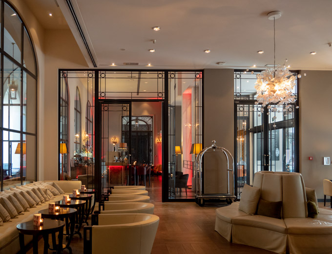 Interior lobby of The Dominican Hotel in Brussels.