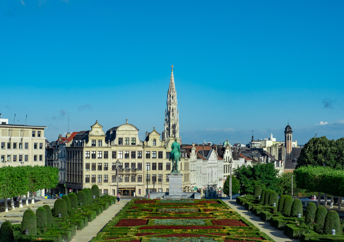 One day in Brussels: View of Mont Des Arts garden with city center in distance.