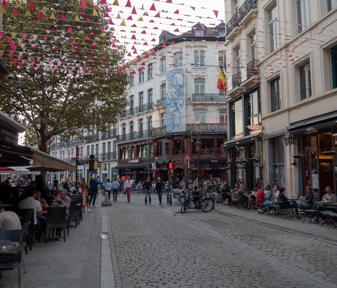 Brussels alley with flags